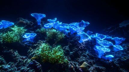 Fototapeta premium Bioluminescent blue coral glow in deep sea underwater adventure
