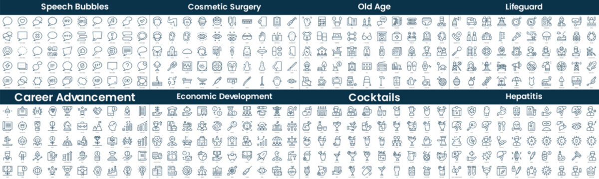 Linear Style Icons Pack. In this bundle include speech bubbles, cosmetic surgery, old age, lifeguard, career advancement, economic development, cocktails, hepatitis