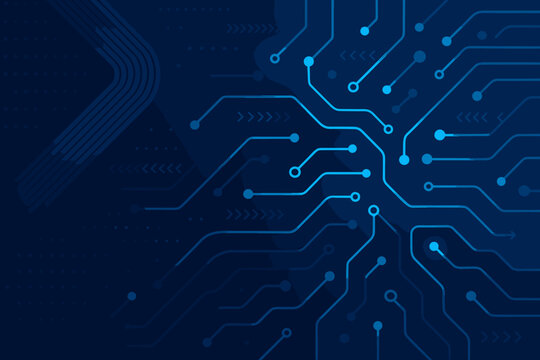Abstract digital technology background with glowing blue circuit board pattern. Futuristic hi-tech communication concept with network lines and nodes. Vector data flow illustration.