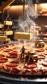 Naklejki Humorous kitchen scene with mini construction trucks placing pepperoni on a giant pizza – playful food art concept.