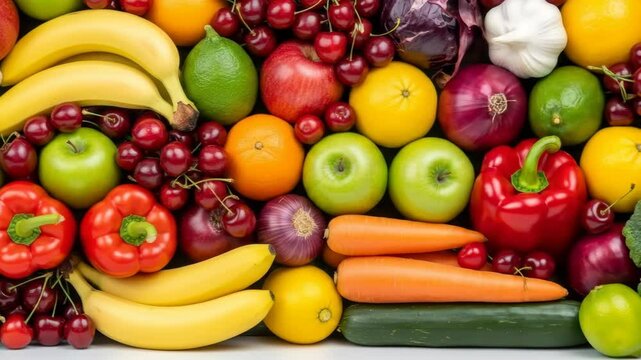 Colorful Assortment of Fresh Fruits and Vegetables - A vibrant and diverse collection of fresh produce, including apples, bananas, oranges, cherries, peppers, carrots, and more, creates a visually