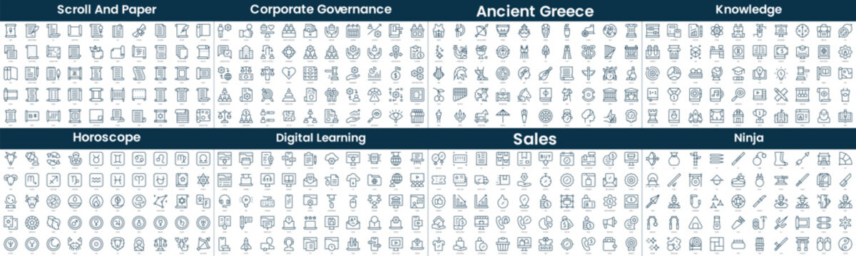 Linear Style Icons Pack. In this bundle include scroll and paper, corporate governance, ancient greece, horoscope, knowledge, digital learning, sales, ninja