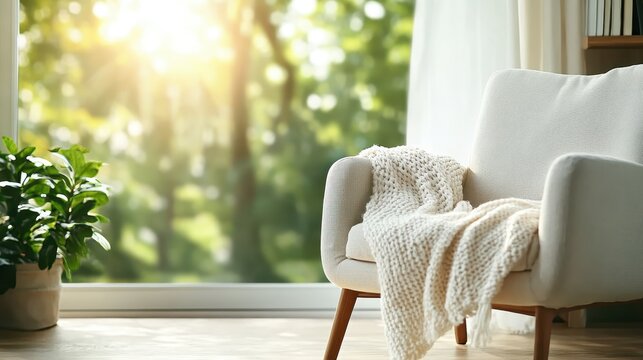 A serene living room bathed in natural light, featuring a comfortable chair and a warm throw blanket, fostering feelings of relaxation and inviting peaceful moments at home.