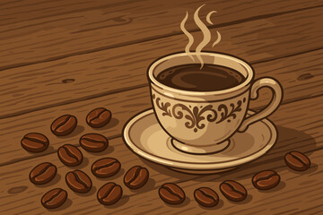 Obraz premium Steaming Hot Coffee in Ornate Vintage Cup with Scattered Coffee Beans on Rustic Wooden Table. Vector Cartoon Illustration of Cozy Morning Cafe, Classic Espresso Drink, Warm Beverage Concept
