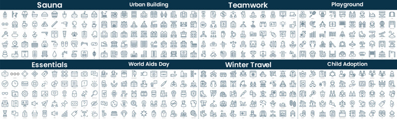 Linear Style Icons Pack. In this bundle include sauna, urban building, teamwork, playground, essentials, world aids day, winter travel, child adoption