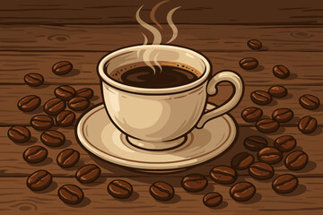 Obraz premium Steaming Hot Coffee Cup with Aroma, Scattered Coffee Beans and Saucer on Rustic Wooden Table. Vintage Style Vector Illustration for Cafe Menu, Morning Beverage, Breakfast Scene, Coffeehouse Decor