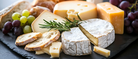 Assorted Cheeses with Grapes and Bread on a Slate Platter