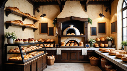 Interior View of a French Bakery with Product Display and Oven