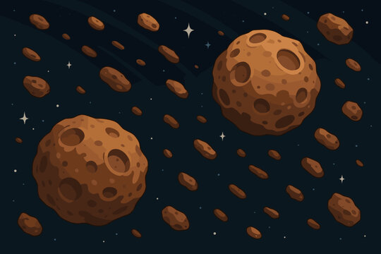 Asteroids and meteorites flying through deep outer space. Cartoon vector illustration of asteroid belt, space rocks, cosmic debris, meteoroids, dark starry sky. Astronomy, galaxy, science background.