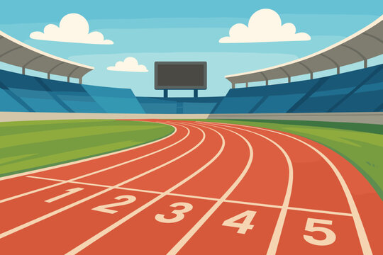 Modern athletic running track with numbered lanes in large outdoor stadium, sports arena, racecourse, competition venue, vector cartoon illustration, summer sky, green field, no people