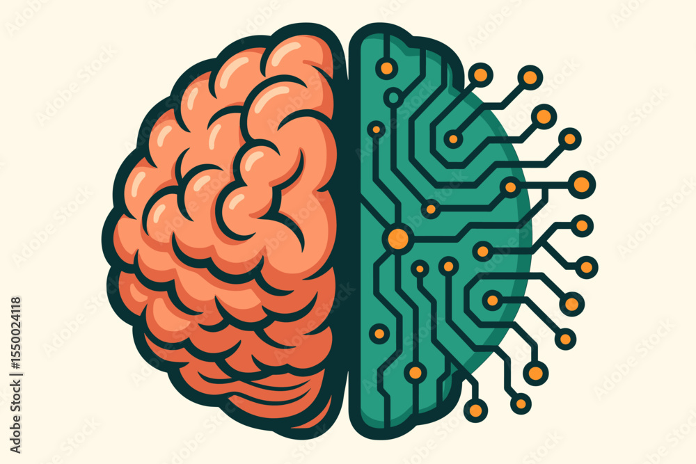 Poster human brain and circuit board fusion. artificial intelligence concept. neural network technology. ma