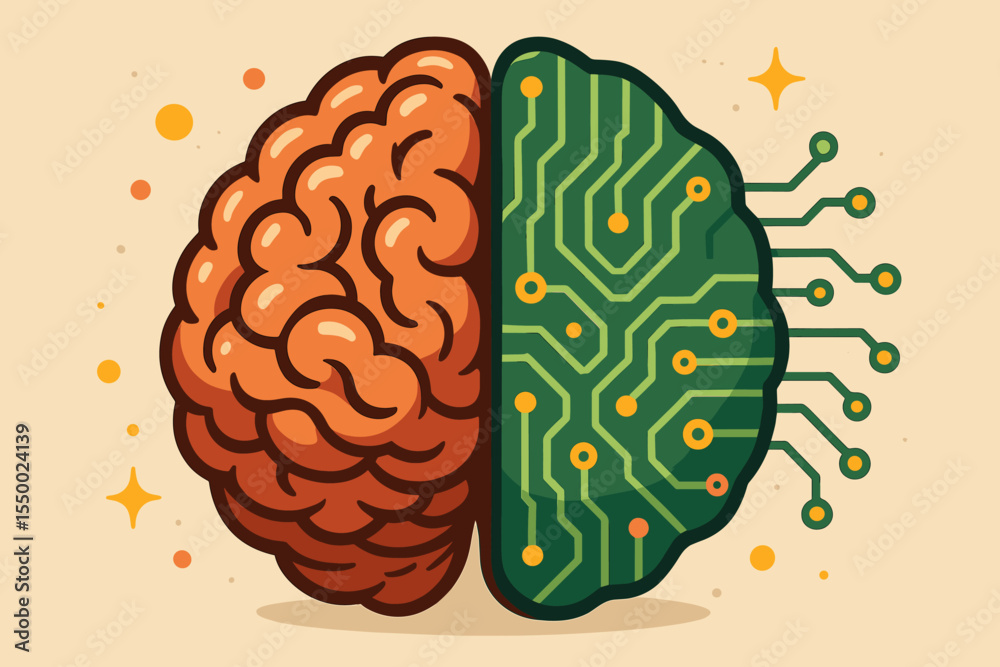 Poster artificial intelligence brain technology concept. human brain merged with circuit board. digital inn