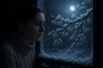 girl at the window and snow-covered branch in the moonlight
