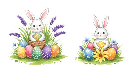Adorable Easter Bunnies with Colorful Eggs and Flowers Springtime Watercolor Illustration