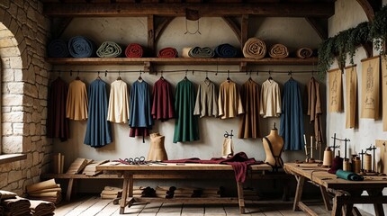 Medieval Tailor Shop Interior with Fabrics and Garments