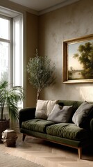 Stylish modern living room showcases a green sofa, large canvas art, and serene lake view framed by forest and plants