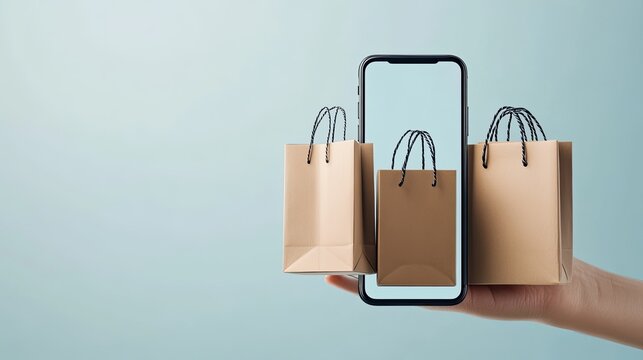 Hand holding a phone with shopping bags displayed