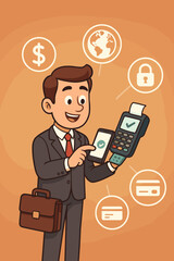 Cartoon businessman making secure mobile payment with smartphone and POS terminal, showing global finance, e-commerce, credit card, currency, security icons. Digital transaction concept illustration.