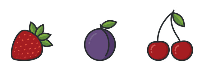 Strawberries, cherries and plum. Fresh organic sweet berry fruits. Isolated vector images
