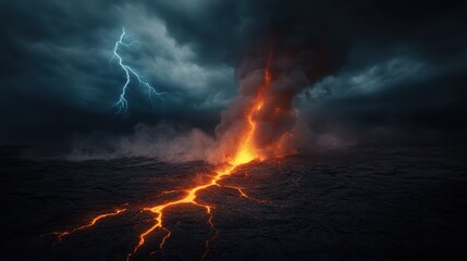 A powerful scene of a volcano erupting amid dark storm clouds and lightning, showcasing nature’s raw energy and the dramatic forces that shape our world.