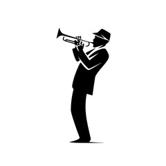 a black silhouette of a man in a suit playing a trumpet black, hat, icon, man, play, silhouette, suit, trumpet , Generative art.