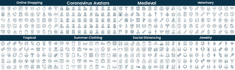 Linear Style Icons Pack. In this bundle include online shopping, coronavirus avatars, medieval, veterinary, tropical, summer clothing, social distancing, jewelry