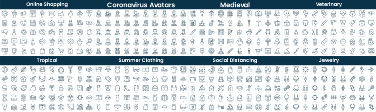 Linear Style Icons Pack. In this bundle include online shopping, coronavirus avatars, medieval, veterinary, tropical, summer clothing, social distancing, jewelry