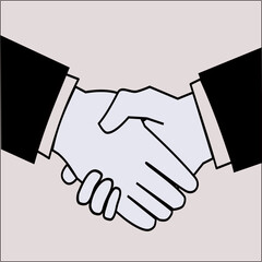 Two cartoon-style hands shaking against a light gray background. The hands are outlined in black and are wearing black sleeves with white cuffs, depicting formal attire. 