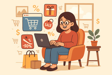 Online Shopping Cyber Monday Sale. Woman Shopping from Home with Laptop, Discount Offers, Special Deals, E-commerce Convenience, Digital Retail, Shopping Bags, Vector Cartoon Illustration