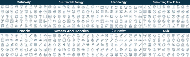 Linear Style Icons Pack. In this bundle include motorway, sustainable energy, technology, swimming pool rules, parade, sweets and candies, carpentry, quiz