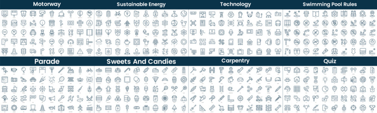 Linear Style Icons Pack. In this bundle include motorway, sustainable energy, technology, swimming pool rules, parade, sweets and candies, carpentry, quiz