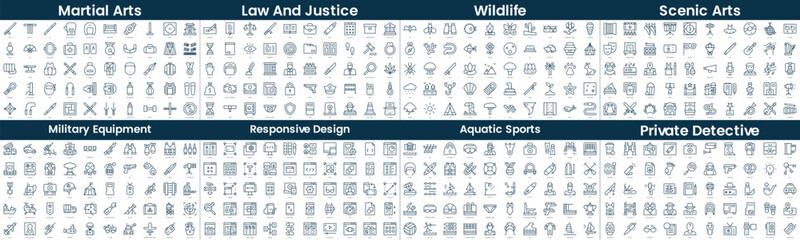 Linear Style Icons Pack. In this bundle include martial arts, law and justice, wildlife, scenic arts, military equipment, responsive design, aquatic sports, private detective