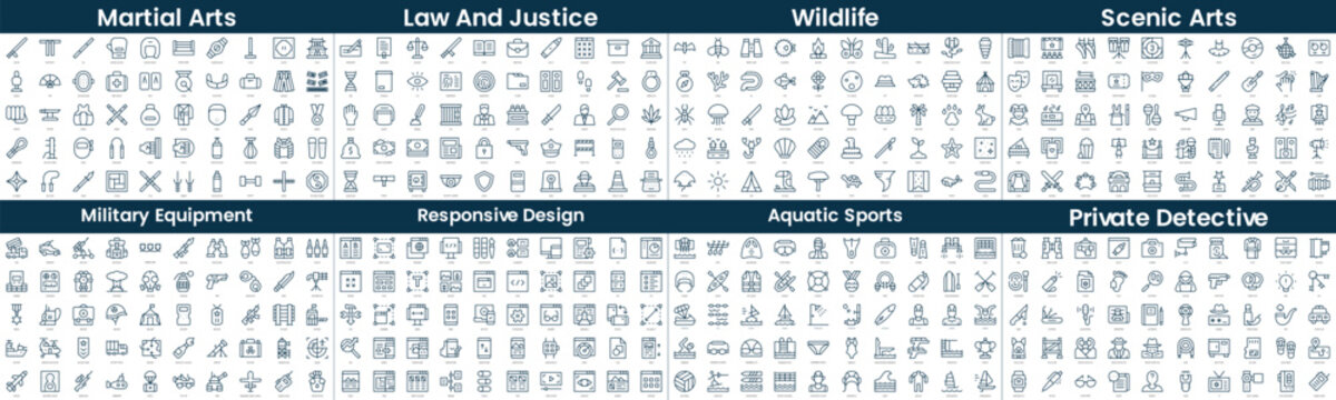 Linear Style Icons Pack. In this bundle include martial arts, law and justice, wildlife, scenic arts, military equipment, responsive design, aquatic sports, private detective