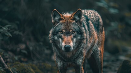 close up of a wild wolf in the jungle, wild wolf in nature