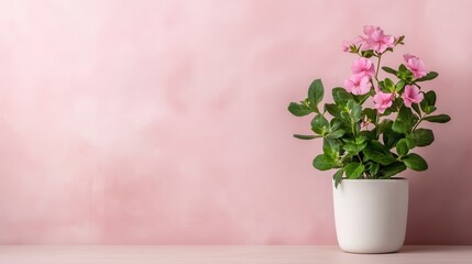 Naklejka premium A minimalist image of potted pink flowers placed against a soft pastel background, evoking feelings of calmness, beauty, and the simplicity of nature in a peaceful atmosphere.