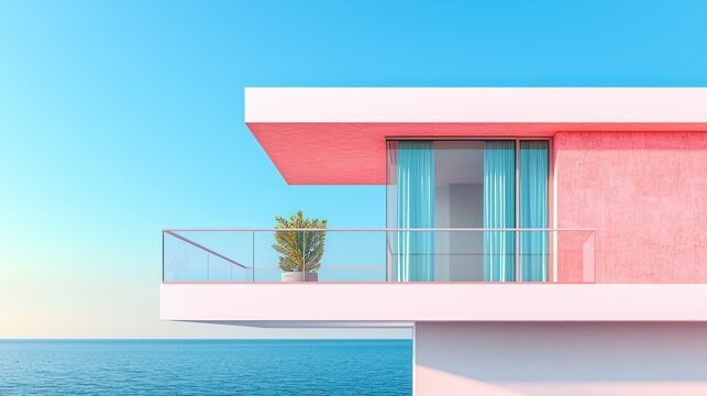 Pink modern home on a balcony overlooking ocean