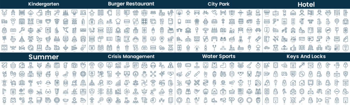 Linear Style Icons Pack. In this bundle include kindergarten, burger restaurant, city park, hotel, summer, crisis management, water sports, keys and locks