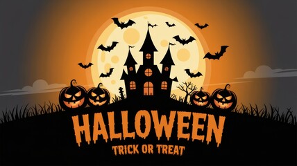 Halloween night haunted house scene with pumpkins