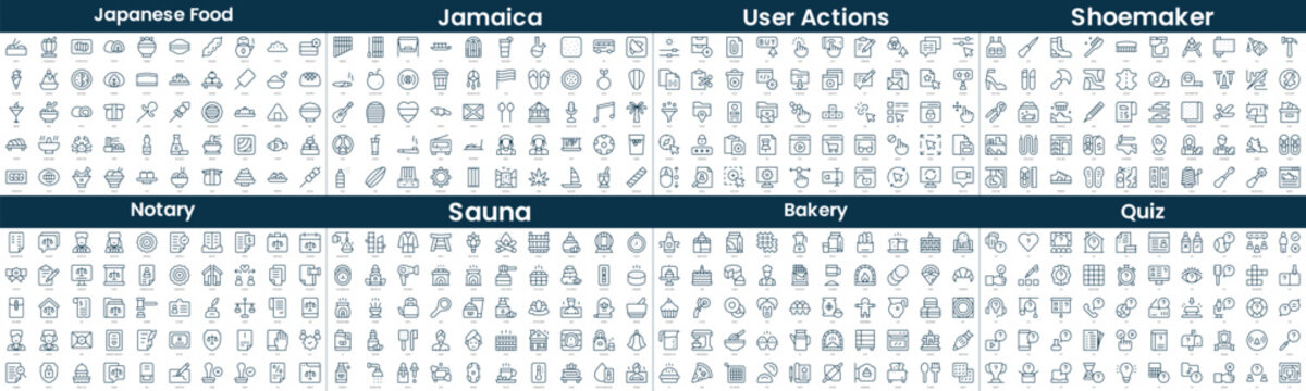 Linear Style Icons Pack. In this bundle include japanese food, jamaica, user actions, shoemaker, notary, sauna, bakery, quiz
