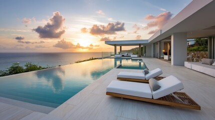 modern infinity pool, ocean view, white stone deck, minimalist loungers, soft golden sunset light