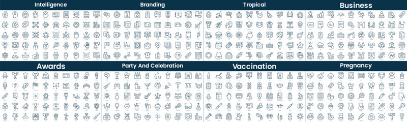 Linear Style Icons Pack. In this bundle include intelligence, branding, tropical, business, awards, party and celebration, vaccination, pregnancy