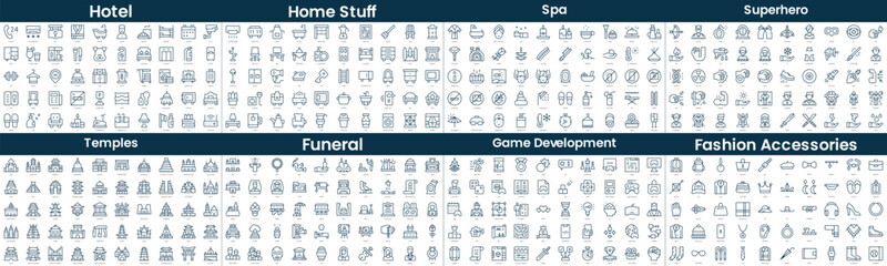Linear Style Icons Pack. In this bundle include hotel, home stuff, spa, superhero, temples, funeral, game development, fashion accessories