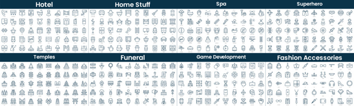 Linear Style Icons Pack. In this bundle include hotel, home stuff, spa, superhero, temples, funeral, game development, fashion accessories