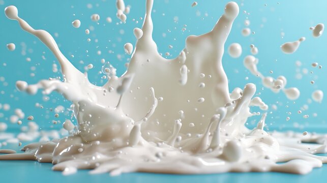 Milk splash on a light blue surface.