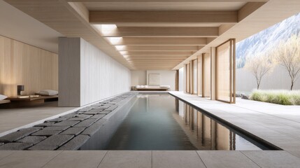 indoor pool, light wood structure, stone path, peaceful reflections, minimalist layout