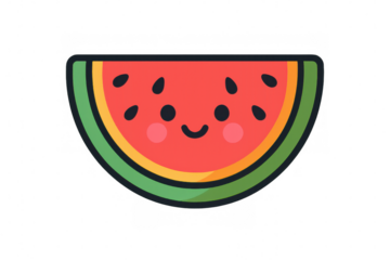 Cheerful watermelon slice illustration, cartoon style with transparent background, perfect for summer graphic designs