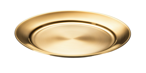 Golden round plate with glossy metallic surface and reflective finish for dining  isolated on white transparent background