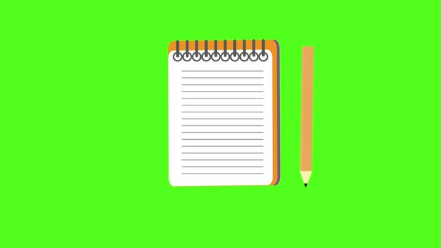 Pencil and notebook animation with green screen background. Perfect for chroma key use in educational and explainer videos.