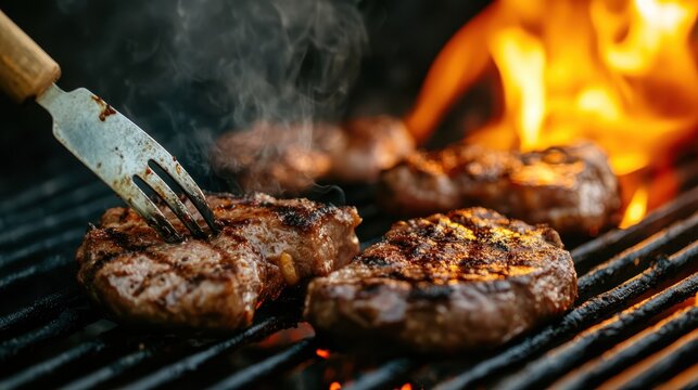 This tantalizing image showcases perfectly grilled steaks sizzling on a barbecue, with flames adding excitement, capturing the essence of outdoor cooking and culinary joy.