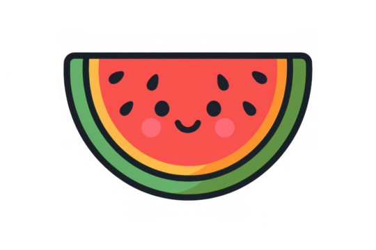 Cheerful watermelon slice illustration, cartoon style with transparent background, perfect for summer graphic designs